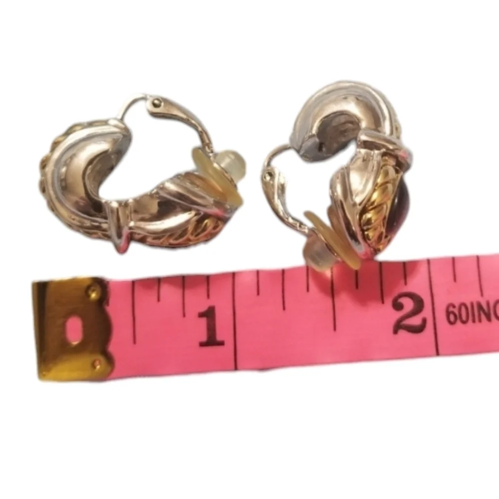 VINTAGE St. John Blue Cat Eye Buckle Clip-On Earrings Gold & Silver Tone